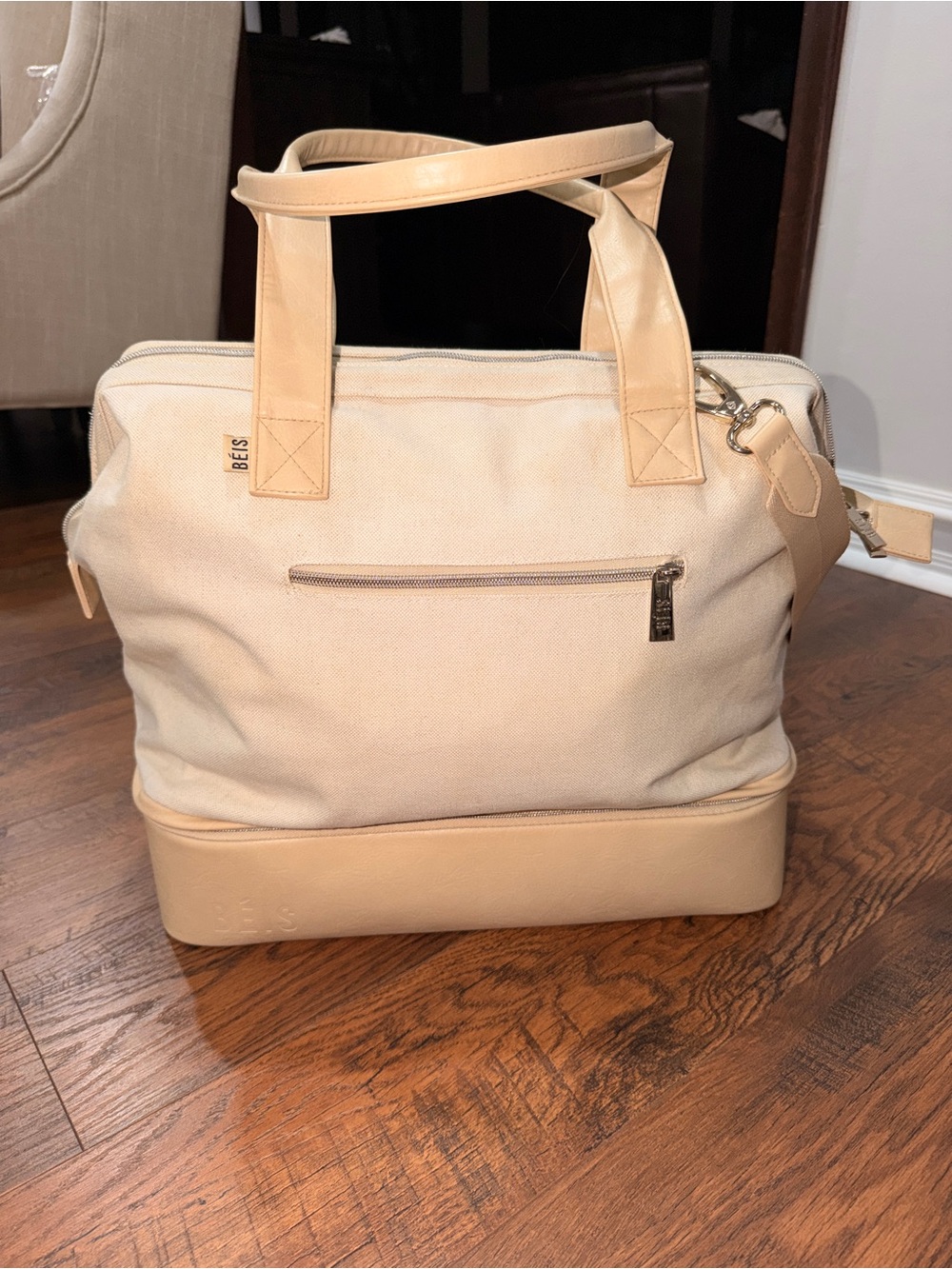 BEIS Cream Canvas & Tan Leather-Trim Duffel